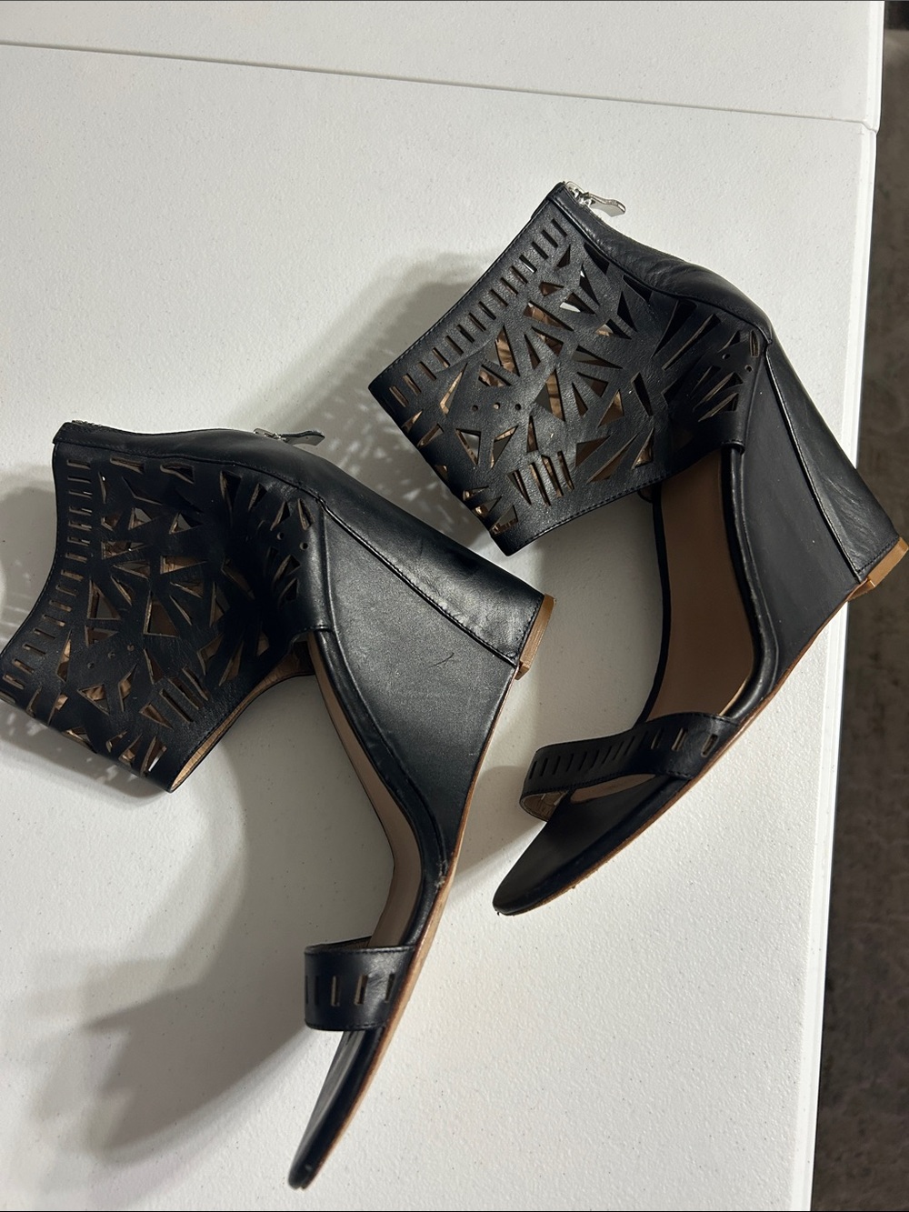Nicole Miller Black Laser-Cut Wedge Sandals